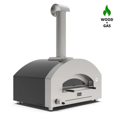Alfa Forni | Futuro 4 Pizze Nero/Acciaio - Forno per Pizza Ibrido per Combustione a Gas e a Legna